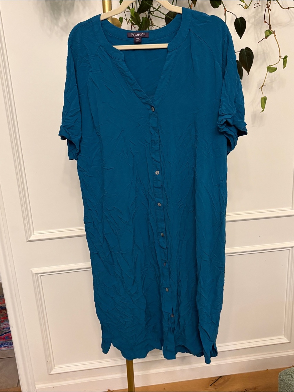 Roaman's Teal V-Neck Button-Front Dress